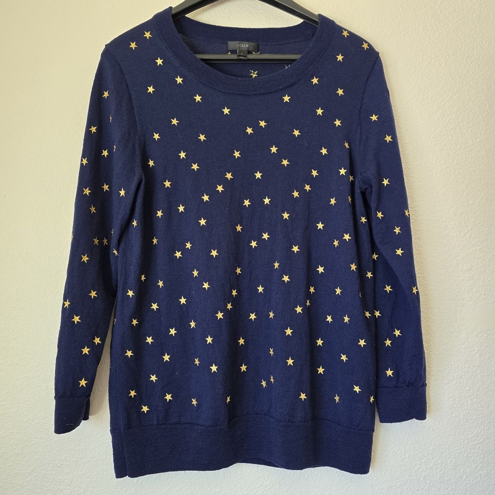 J. Crew Tippi Sweater Merino Wool Navy Gold Stars Lightweight F8261 Womens Large